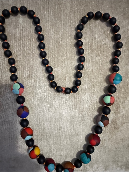 Jewelry - Multicolor Bead Statement Necklace - Black Accent Beads-Hand painted wood beads